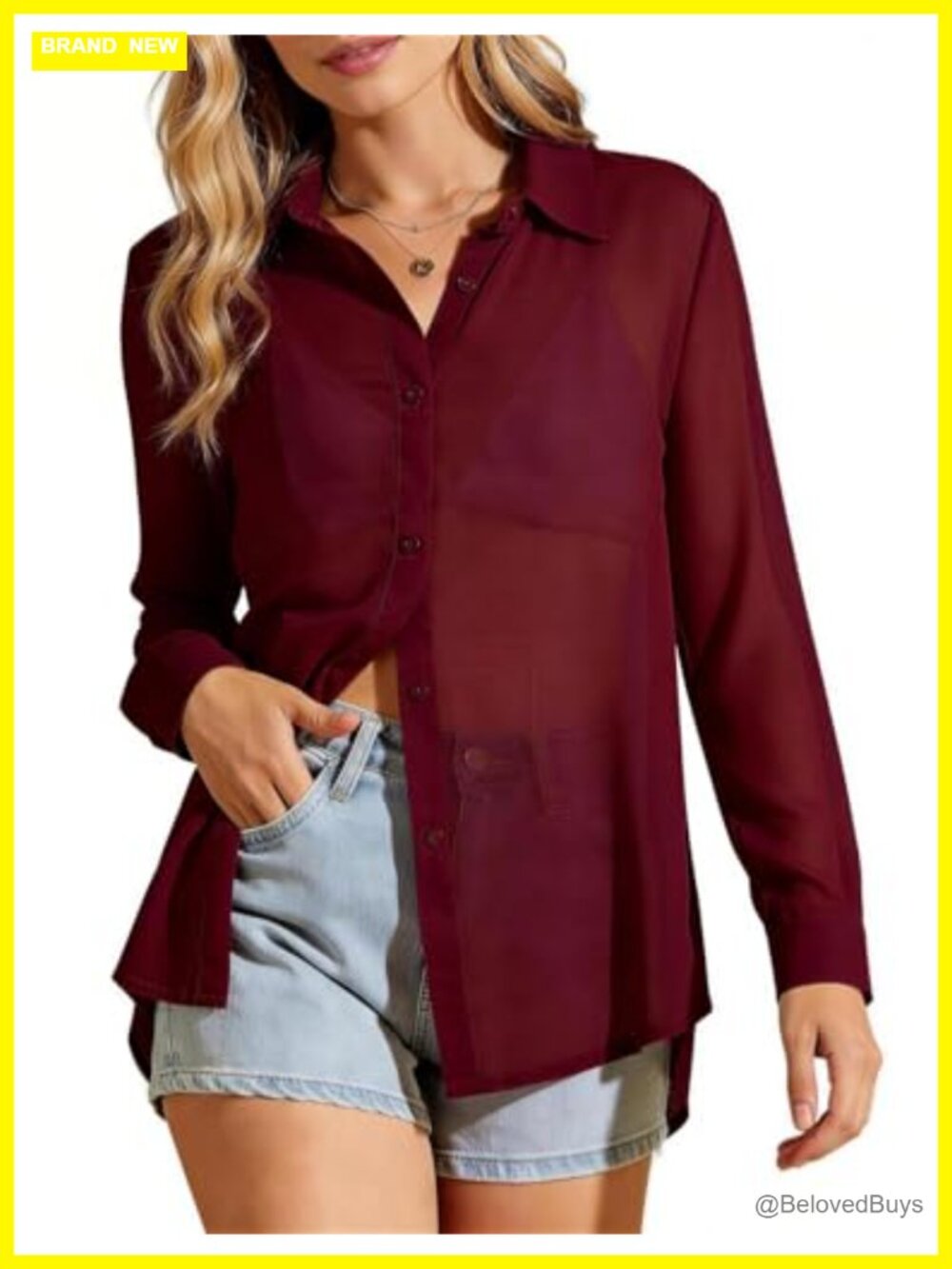 Flygo Women's Sheer Button Down Blouse Long Sleeve See Through Mesh Top